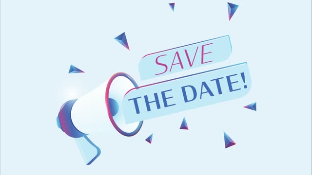 Save the date text with 3d realistic megaphone animation. Megaphone sign banner for promo video. 4K animation