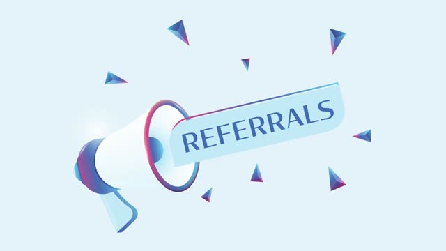 Referrals text with 3d realistic megaphone animation. Megaphone sign banner for promo video. 4K animation