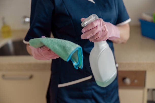 istock Maid in protective gloves cleans worktop table use rag and effective detergent products in kitchen 1450968191