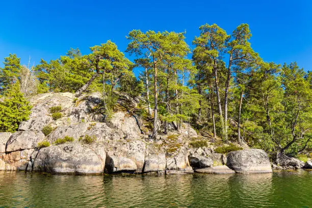 Landscape with rocks and trees on an island near Västervik in Sweden.