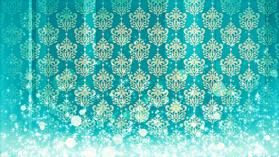 Image of rising glitter particles on a colorful patterned background