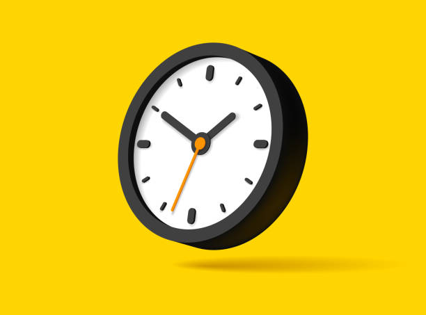 플랫 스타일의 시계 아이콘, 노란색 배경에 검은색 3d 타이머. 비즈니스 시계. 프로젝트를 위한 볼륨 벡터 디자인 요소 - 시계 stock illustrations