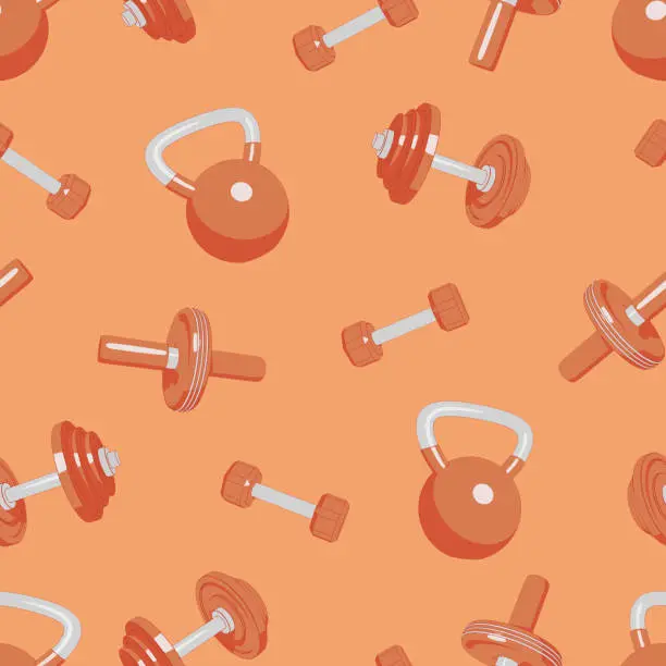 Vector illustration of Fitness equipment seamless pattern with kettlebell, dumbbell and ab roller . Cartoon flat design for wallpapers, wrapping, textile prints, backgrounds.