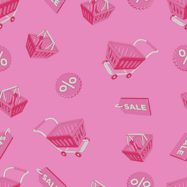 istock Shopping seamless pattern with shopping cart and basket. Cartoon flat design for wallpapers, wrapping, textile prints, backgrounds. 1450995573