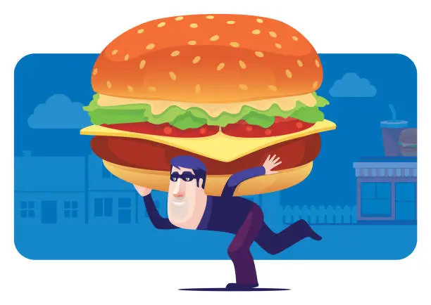 Vector illustration of thief carrying hamburger and running away