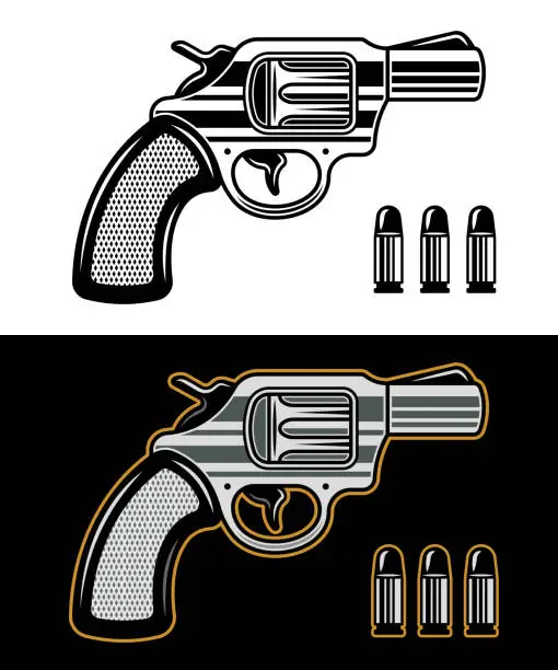 Vector illustration of Gun or revolver vector illustration in two styles black on white and colorful on dark background