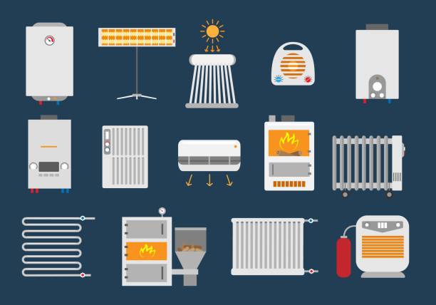 Heating systems appliances Heating systems appliances. Electric coal gas heating boilers, household electrical heat fan and air conditioner and sun heated equipments, thermostat radiator battery devices electric heater stock illustrations
