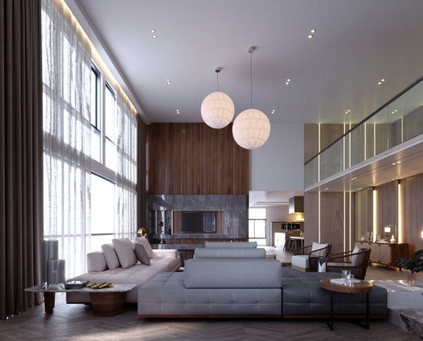 istock 3d rendering,3d illustration, Interior Scene and  Mockup,living room interior modern,large sofa set,Black and white color tone. 1451002523