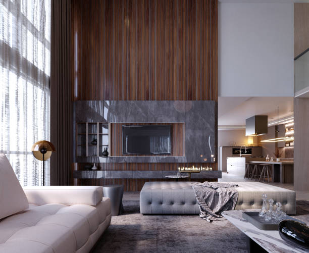 istock 3d rendering,3d illustration, Interior Scene and  Mockup,living room interior modern,large sofa set,Black and white color tone. 1451002541