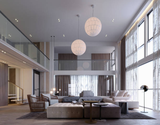 istock 3d rendering,3d illustration, Interior Scene and  Mockup,living room interior modern,large sofa set,Black and white color tone. 1451002548