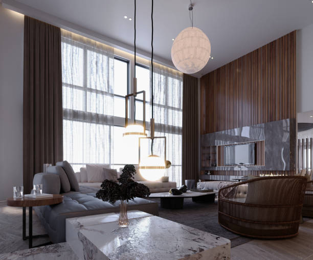 istock 3d rendering,3d illustration, Interior Scene and  Mockup,living room interior modern,large sofa set,Black and white color tone. 1451002708