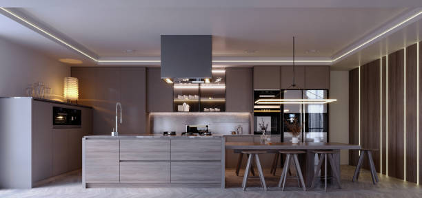 istock 3d rendering,3d illustration, Interior Scene and  Mockup,kitchen and dining corner,dark wood kitchen. 1451002795