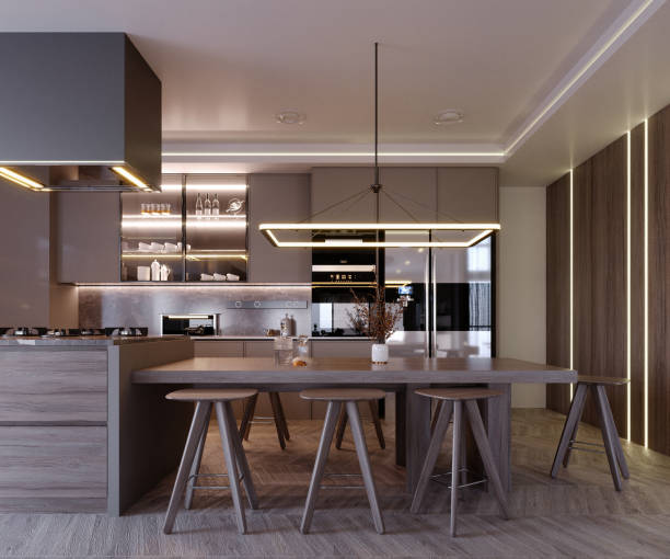 istock 3d rendering,3d illustration, Interior Scene and  Mockup,kitchen and dining corner,dark wood kitchen. 1451002803