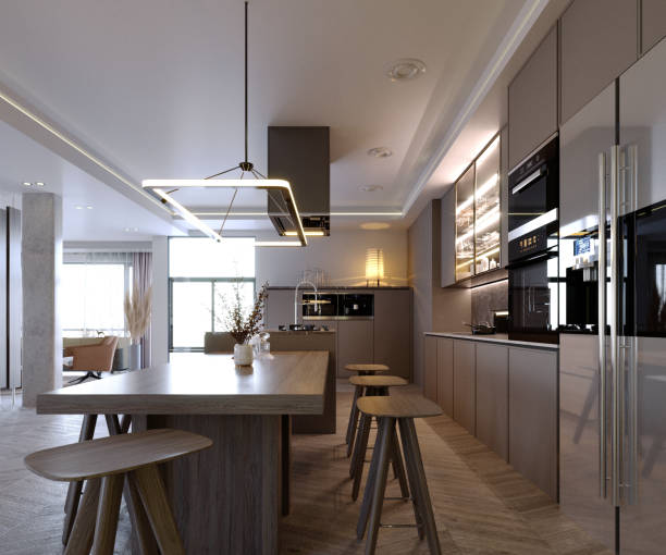 istock 3d rendering,3d illustration, Interior Scene and  Mockup,kitchen and dining corner,dark wood kitchen. 1451002816