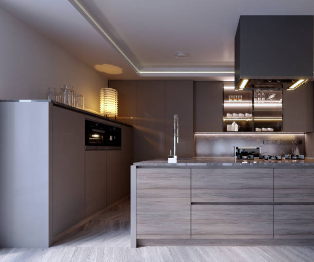 istock 3d rendering,3d illustration, Interior Scene and  Mockup,kitchen and dining corner,dark wood kitchen. 1451002839