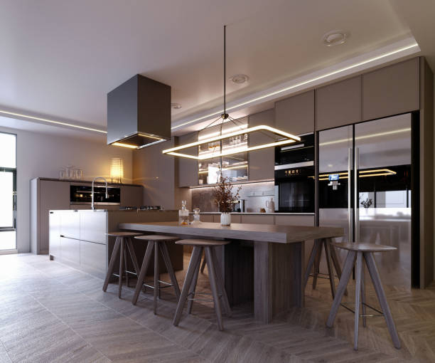 istock 3d rendering,3d illustration, Interior Scene and  Mockup,kitchen and dining corner,dark wood kitchen. 1451002896
