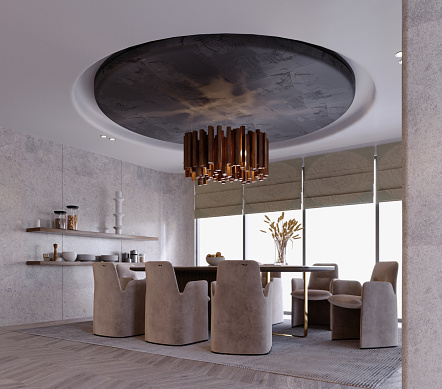 3d rendering,3d illustration, Interior Scene and  Mockup,dining room interior,circular ceiling decorative pattern,modern style interior.