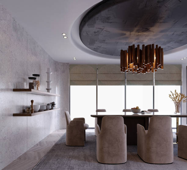 istock 3d rendering,3d illustration, Interior Scene and  Mockup,dining room interior,circular ceiling decorative pattern,modern style interior. 1451002971
