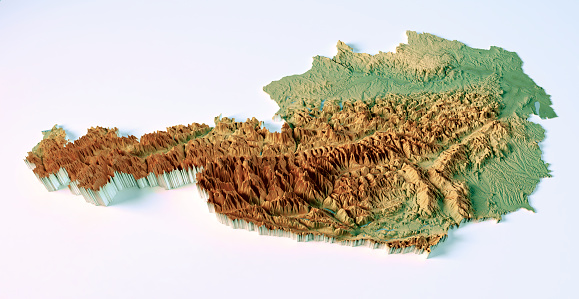 3D Render of a Topographic Map of Austria. Isolated on white background. \nAll source data is in the public domain.\nColor texture: Made with Natural Earth.\nhttp://www.naturalearthdata.com/downloads/10m-raster-data/10m-cross-blend-hypso/\nRelief texture and Rivers: NASADEM data courtesy of NASA JPL (2020).\nhttps://doi.org/10.5067/MEaSUREs/NASADEM/NASADEM_HGT.001\nWater texture: SRTM Water Body SWDB:\nhttps://dds.cr.usgs.gov/srtm/version2_1/SWBD/