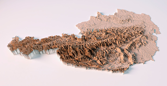 3D Render of a Topographic Map of Austria. Isolated on white background.  \nAll source data is in the public domain.\nColor texture: Made with Natural Earth.\nhttp://www.naturalearthdata.com/downloads/10m-raster-data/10m-cross-blend-hypso/\nRelief texture and Rivers: NASADEM data courtesy of NASA JPL (2020).\nhttps://doi.org/10.5067/MEaSUREs/NASADEM/NASADEM_HGT.001\nWater texture: SRTM Water Body SWDB:\nhttps://dds.cr.usgs.gov/srtm/version2_1/SWBD/