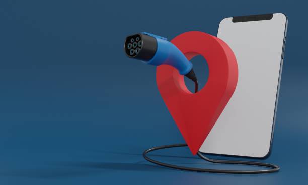istock Electric charging point application,Smartphone blank display with charging plug and GPS pin location.search on map for charger stations.3D rendering illustration. 1451004706