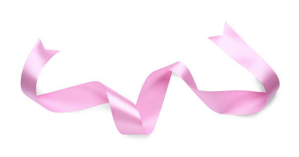 istock Beautiful pink ribbon isolated on white, top view 1451005467