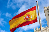 Spanish Flag Blowing in the Wind - Plaza de Espana Madrid Spain