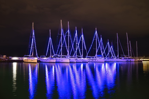 Sailboat Holiday Lights, Christmas Lights, port of the beautiful city of Volos, Greece