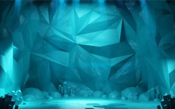 3d illustration. Ice cave underwater tunnel. Polygonal blue background. Glacier