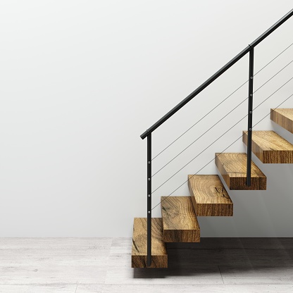 3d illustration. Modern staircase with metal railings in the interior