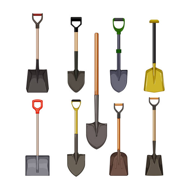 shovel tool set cartoon vector illustration shovel tool set cartoon. work gardening, agriculture garden, spade equipment, dig farm, steel shovel tool vector illustration shovel stock illustrations