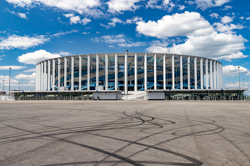 Nizhny Novgorod Football Stadium on the Strelka Volga and Oka. Sights of Nizhny Novgorod.