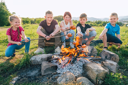 Group of Kids - Boys and girls cheerfully smiling and roasting sausages on long sticks over a campfire flame. Outdoor active time spending or camping in Nature concept.