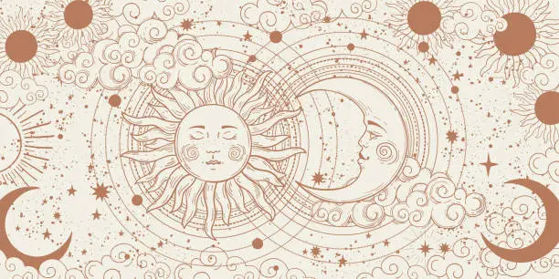 Vector illustration of Heavenly background with sun and moon with face, boho banner for astrology, zodiac, tarot. Hand drawn card in natural pastel colors, magic vector illustration for design.