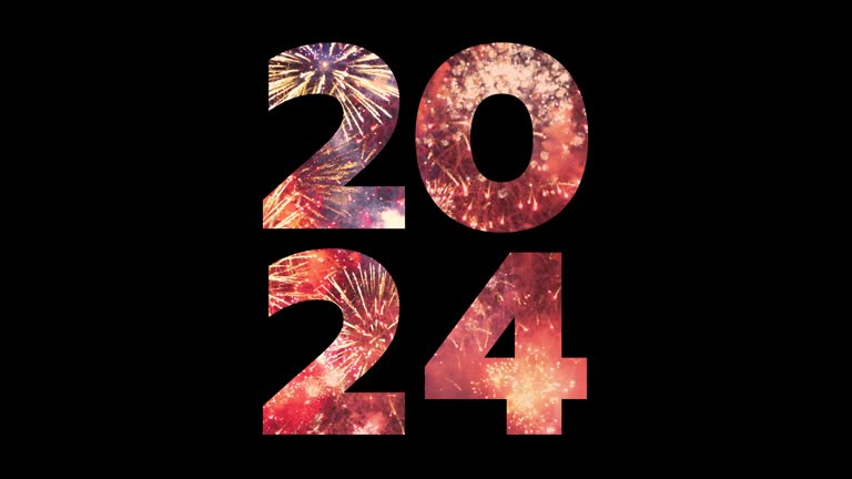 2024 Fireworks display for Happy New Year isolated word using QuickTime Alpha Channel ProRes 444, Alpha channel ready, isolated transparent background