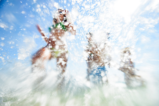 Low angle view of carefree people having fun while running through sea in summer day.