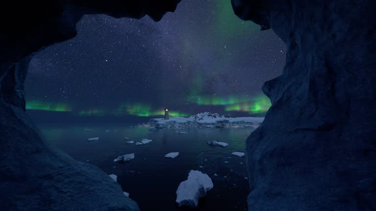 Aurora Borealis or Northern lights at the North Pole. Polar night, lighthouse, frosty weather, drone flight