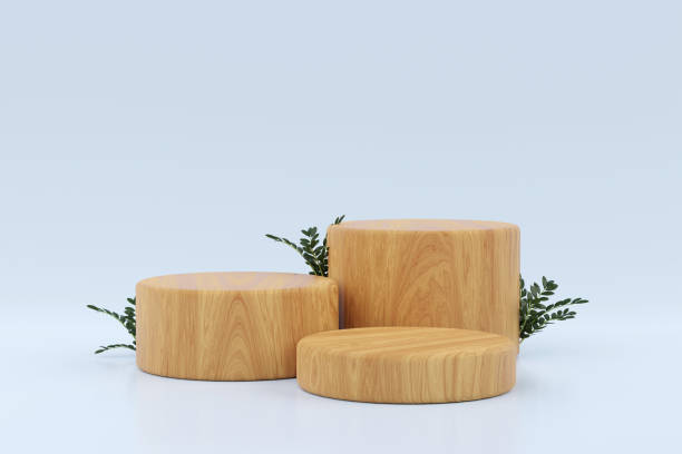 istock Abstract minimal scene with geometric forms. wood podium in blue background with plants.3d render 1451032286