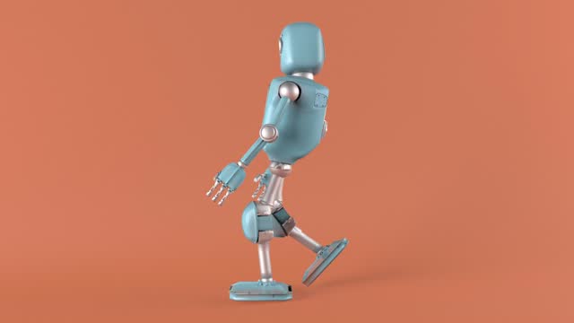Robot Cartoon funny 3D video render - walk and point the finger, isolate on orange