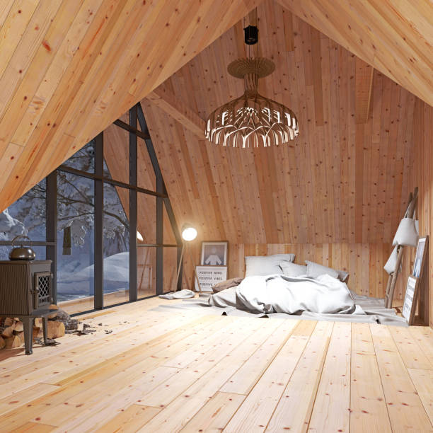 holzdachgeschoss-interieur und naturhintergrund - rustic bedroom cabin indoors stock-fotos und bilder