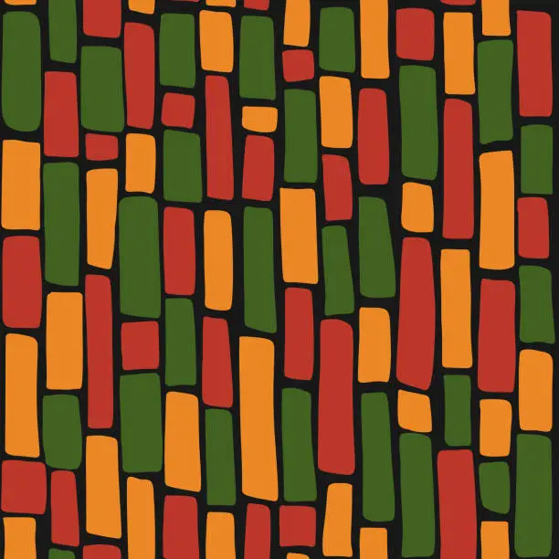 Vector illustration of Abstract Kwanzaa, Black History Month, Juneteenth seamless pattern with hand drawn vertical lines in traditional African colors - black, red, yellow, green. Vector tribal geometric ethnic background design