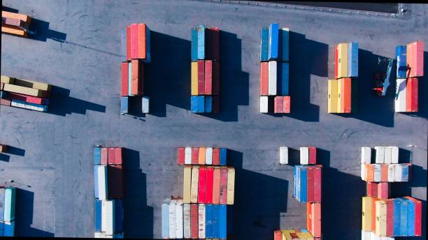 istock Drone shot of colorful containers in a harbor 1451036219