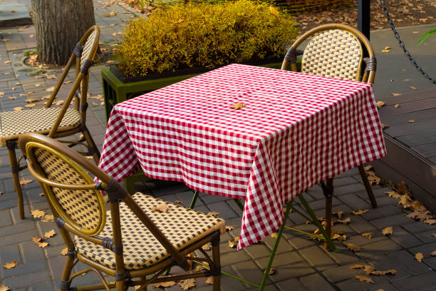istock Outdoor empty cafe and restaurant terrace table 1451036425