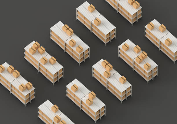 istock Warehouse with shelves, racks and boxes, above isometric view 3d render. 1451036445