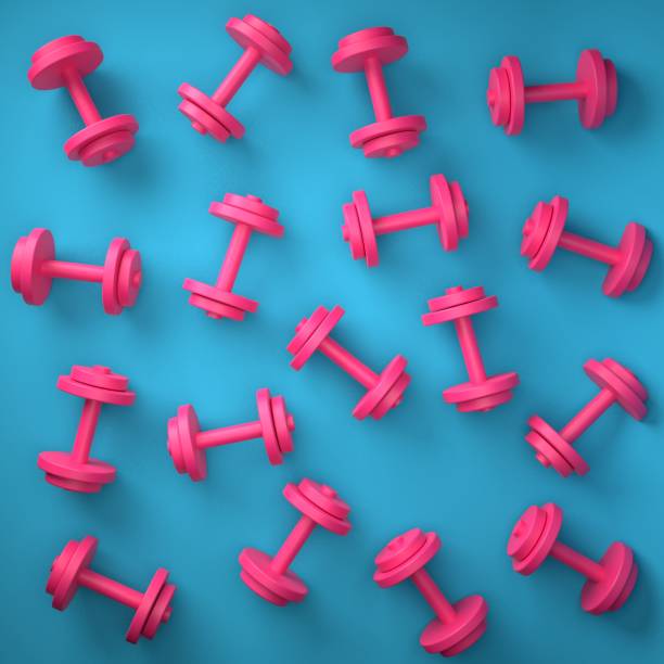 istock Pink dumbbell on blue background 3d rendering illustration. 1451036686