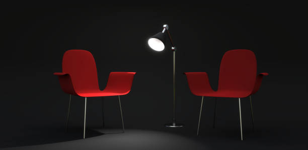 istock Two chairs and a lamp in a dark room for an interview 3d rendering illustration 1451036751