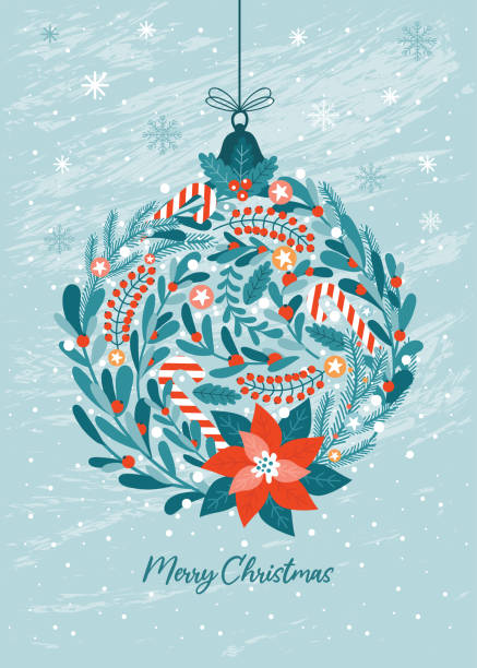 ilustrações de stock, clip art, desenhos animados e ícones de christmas ball ornate decorated festive plant elements. ornament with poinsettia, mistletoe, pine, fir, berries. xmas and happy new year card with greeting text. vector illustration in vintage style - mistletoe christmas christmas decoration christmas ornament