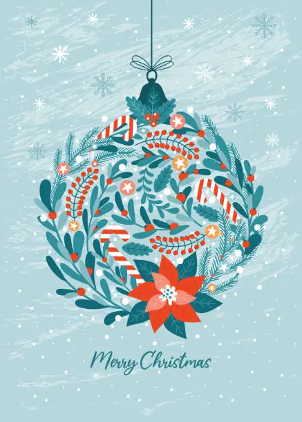 Vector illustration of Christmas ball ornate decorated festive plant elements. Ornament with poinsettia, mistletoe, pine, fir, berries. Xmas and Happy New Year card with greeting text. Vector illustration in vintage style