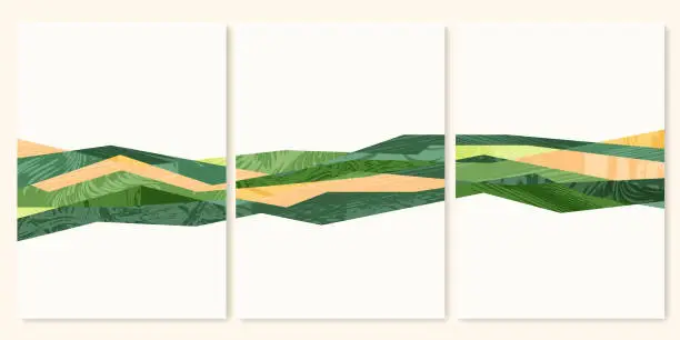 Vector illustration of Green farm agriculture field template. Agro design vector layout. Abstract eco poster. Collection of ecology backgrounds. Eco countryside, hill shape, decoration set of organic farmland, nature art