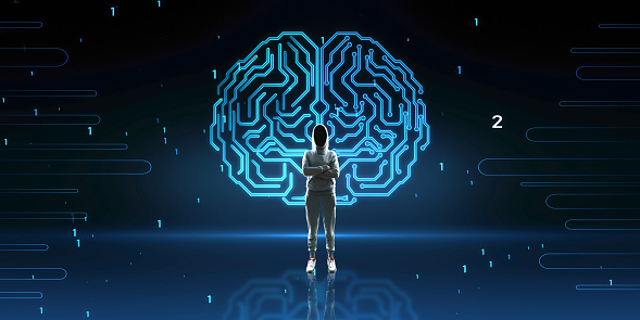 Hacker with folded arms and abstract glowing human brain hologram on blurry background. Neurology research, hacking, data theft and artificial intelligence concept